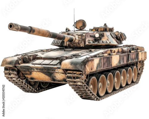 Armored tank with camouflage pattern, isolated on transparency background, showcasing military design and powerful structure