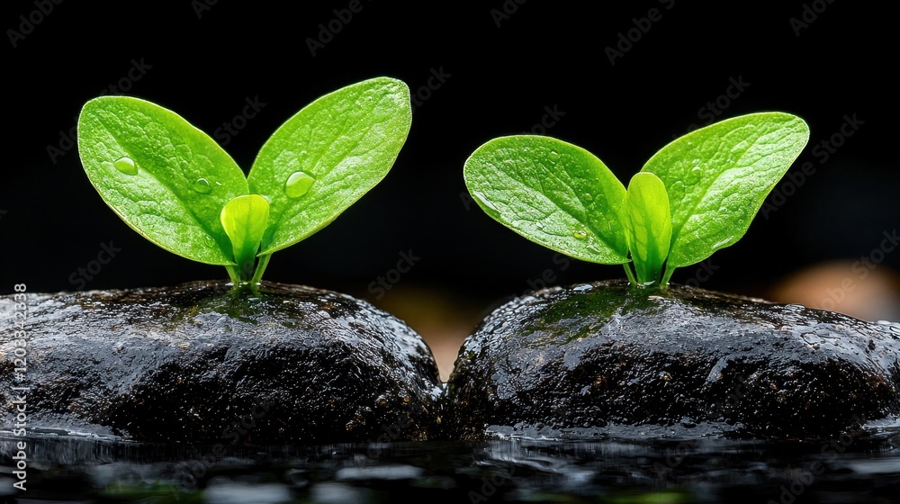 Two small green plants growing out of a rock in the water Two small green plants growing out of a rock in the water