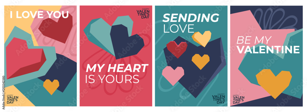 Creative concept of Happy Valentines Day cards set. Modern abstract art design with hearts, geometric. Templates for celebration, branding, banner, cover, label, poster Creative concept of Happy Valentines Day cards set. Modern abstract art design with hearts, geometric. Templates for celebration, branding, banner, cover, label, poster