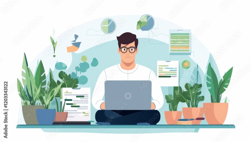 Programmer Working at Home Office Surrounded by Plants Programmer Working at Home Office Surrounded by Plants