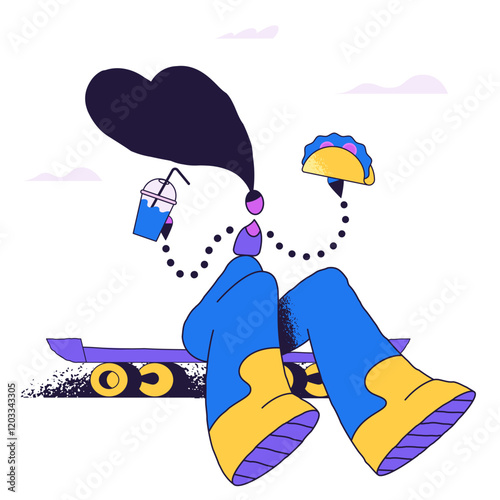 Woman on skateboard having lunch break