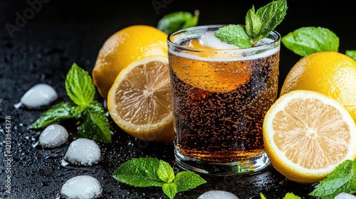 Refreshing cola drink with lemon and mint