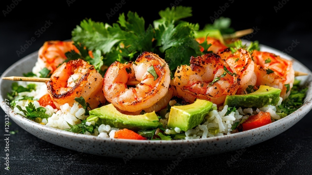 A plate of shrimp skewers on top of a bed of rice A plate of shrimp skewers on top of a bed of rice