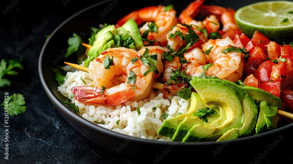 A bowl of shrimp skewers with rice, avocado and tomatoes A bowl of shrimp skewers with rice, avocado and tomatoes