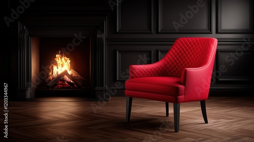 A red chair sitting in front of a fireplace