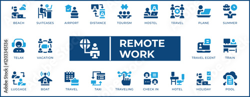 Remote Work Icon Set. Features editable icons for remote work, work from home, digital nomad, virtual office, and flexible work. Perfect for remote workers, businesses, and remote work solutions.