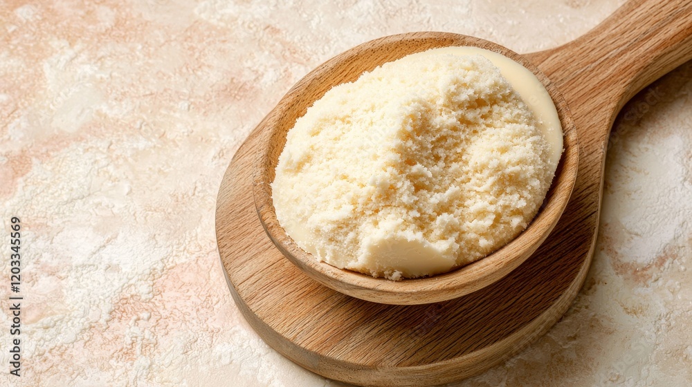 A wooden spoon filled with white sugar on top of a table A wooden spoon filled with white sugar on top of a table