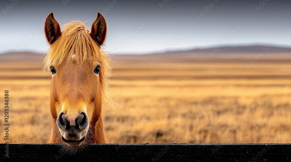Obraz premium A brown horse looking over a fence in a field