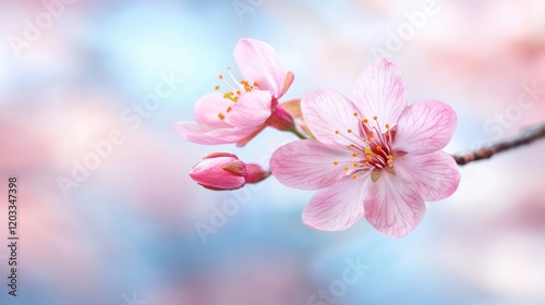 A close up of a pink flower on a tree branch