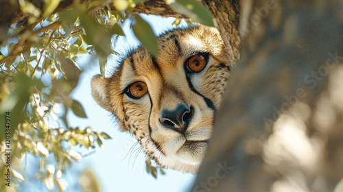 A cheetah peeking out from behind a tree