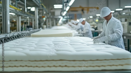 Bed manufacturing factory showcasing an assembly line of workers installing foam layers, springs, and covers on mattresses.