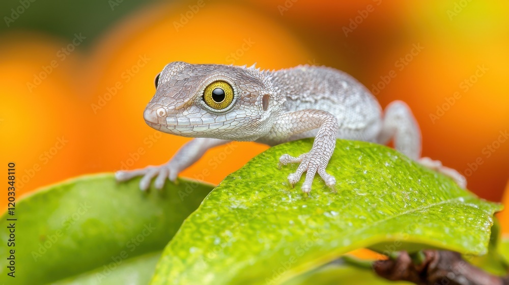 Obraz premium A small lizard sitting on top of a green leaf