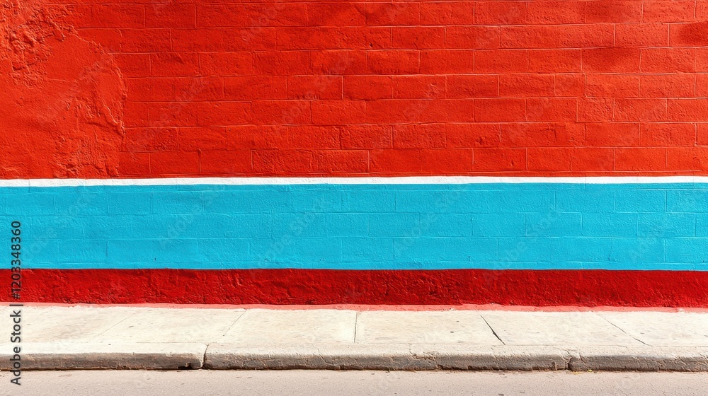 A red brick wall with a blue and white stripe painted on it A red brick wall with a blue and white stripe painted on it