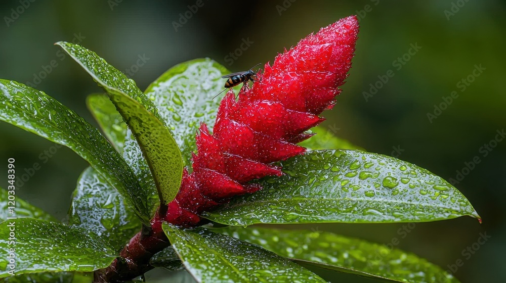 A red flower with water droplets on it and a fly on it A red flower with water droplets on it and a fly on it
