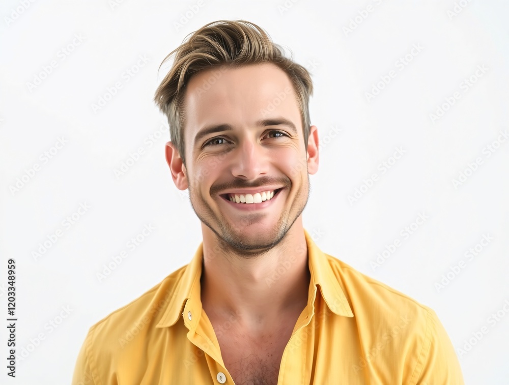 Obraz premium Cheerful young man wearing a shirt, radiating happiness and positivity, against a bright white background, creating a bright and relaxing atmosphere.