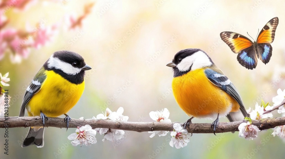Fototapeta premium A couple of birds sitting on top of a tree branch