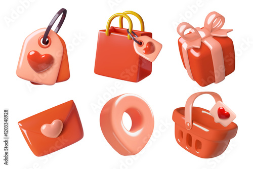 Valentine's Day shopping 3d icons with hearts. Pink and red paper bag, gift box, heart tag, product basket, geo tag and envelope. Realistic three dimensional romantic holiday sale vector illustrations