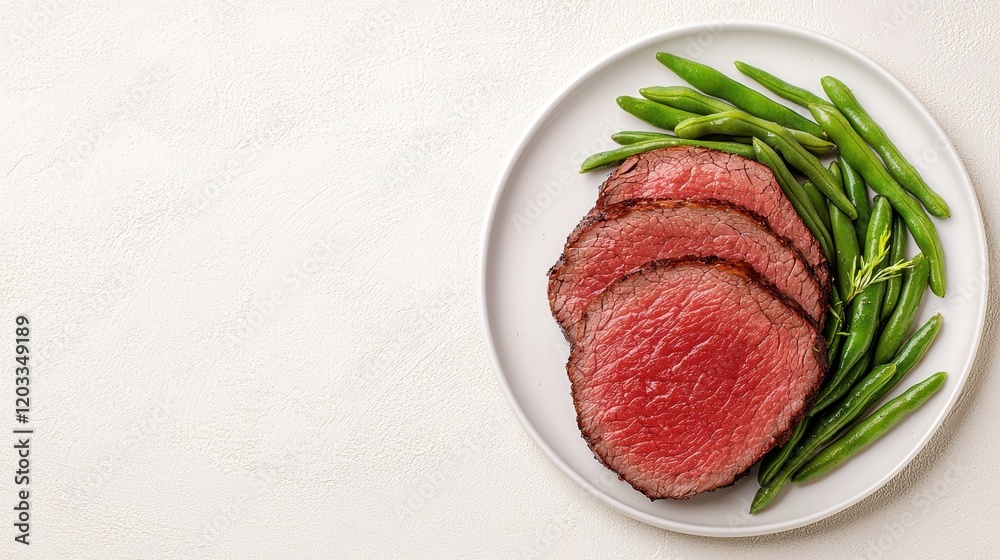 A white plate topped with meat and green beans A white plate topped with meat and green beans