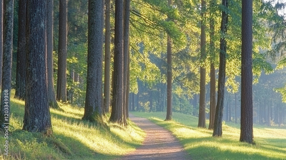 Obraz premium A dirt road in the middle of a forest with tall trees