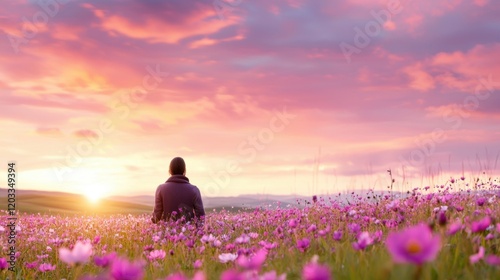Wallpaper Mural A person sitting in a field of purple flowers at sunset Torontodigital.ca