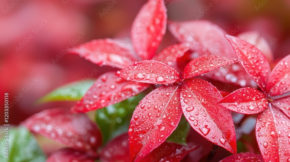 A close up of red leaves with water droplets on them A close up of red leaves with water droplets on them