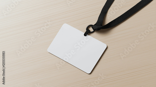 A white tag with a black band is hanging on a table