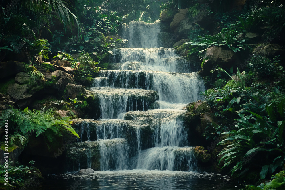 breathtaking lush tropical rainforest waterfall scene with multi-tiered cascading water in dense jungle surrounded by vibrant green foliage and serene nature breathtaking lush tropical rainforest waterfall scene with multi-tiered cascading water in dense jungle surrounded by vibrant green foliage and serene nature