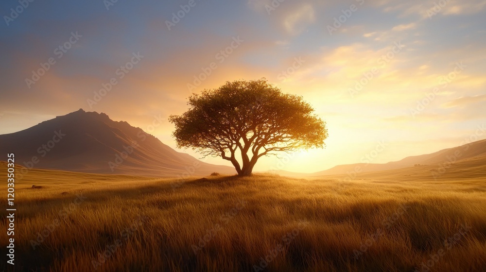 Obraz premium A lone tree in the middle of a grassy field at sunset