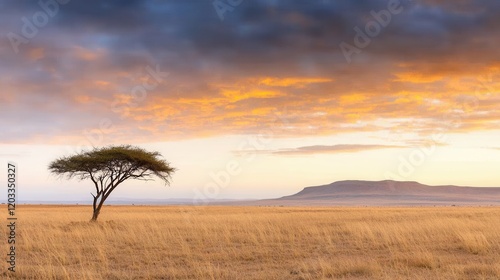 A lone acacia tree stands alone in the middle of a grassy plain