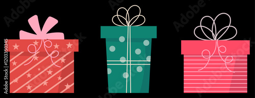 Set of three colorful gift boxes with different patterns and bows on black background. Perfect for holiday, birthday, celebration, and festive designs. Flat vector illustration.
