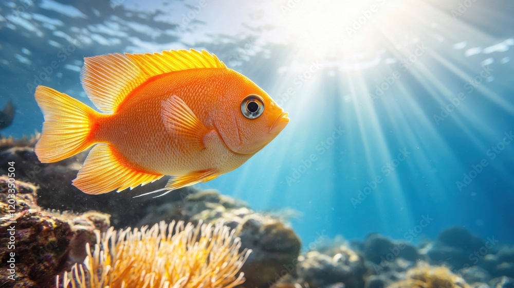Fototapeta premium A bright orange fish swimming in the ocean near a coral reef
