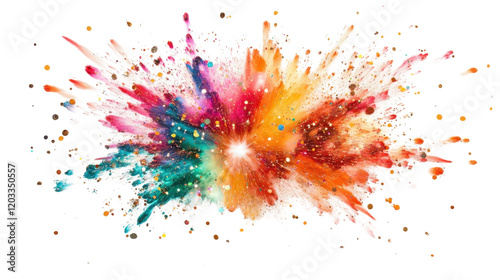 A dramatic firework explosion in celebration of the New Year, with vivid colors and glittering sparks, isolated on a white surface.