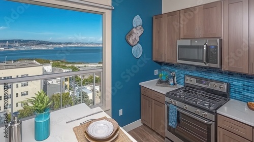 Modern apartment kitchen with panoramic bay views. photo