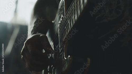 Musician playing guitar in dimly lit studio, close-up