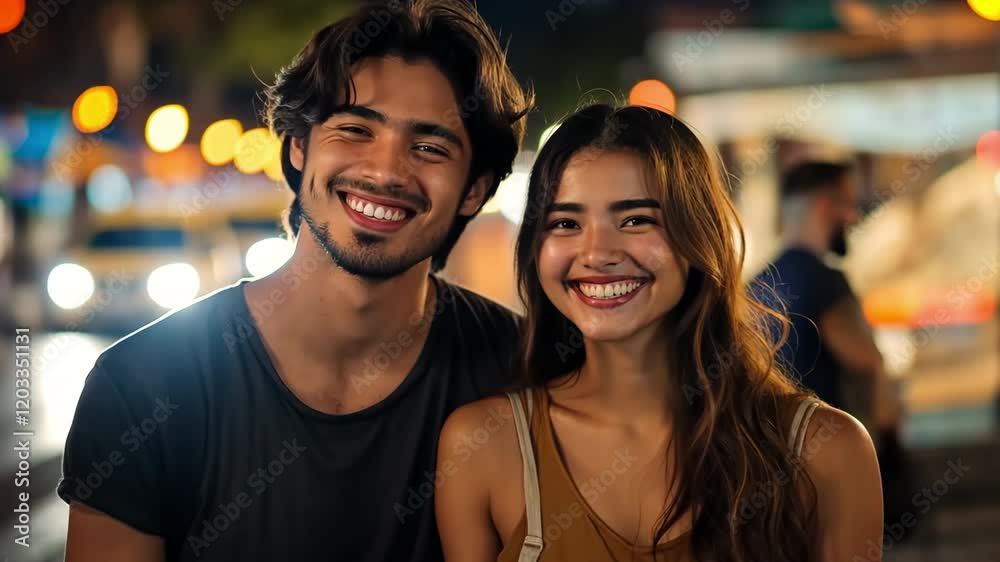A youthful couple with happy, laughing expressions stroll through a busy night market, eating street food. A youthful couple with happy, laughing expressions stroll through a busy night market, eating street food.