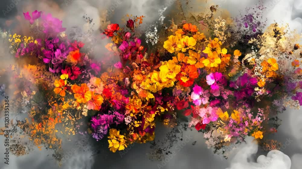 Vibrant explosion of colorful flowers combined with soft clouds in a dreamlike setting