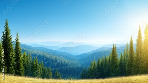 A grassy hillside with trees and mountains in the background