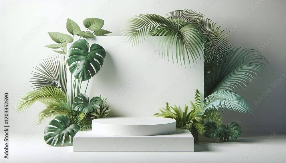 Obraz premium Tropical Leaves Surrounding a Minimalist White Podium