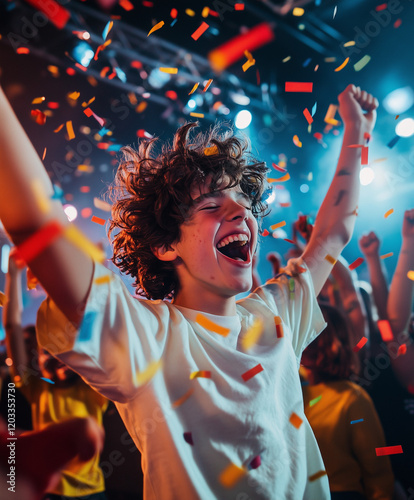 A group of cheerful eleven years old friends celebrating birthday indoors with colorful confetti and balloons. Crazy preteen birthday party at home.Generative AI