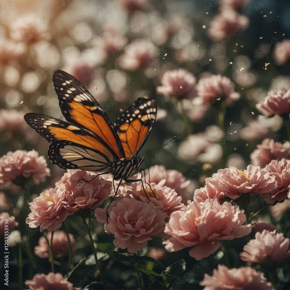 Fototapeta premium A butterfly surrounded by petals blown by the wind.