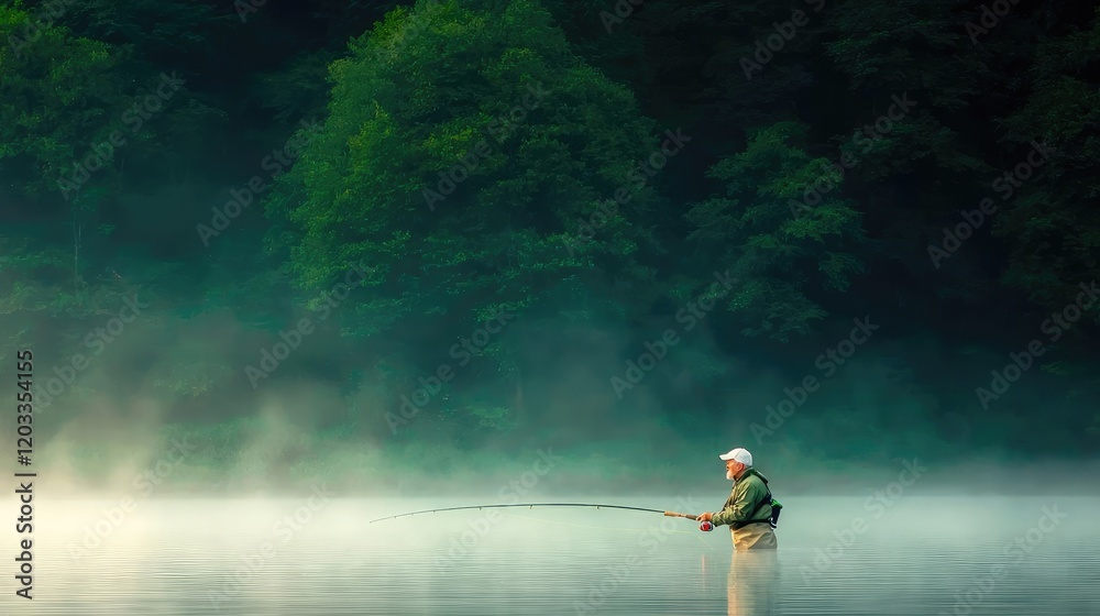 Naklejka premium A lone fisherman stands in a misty river during early morning, casting his line near a dense green forest.