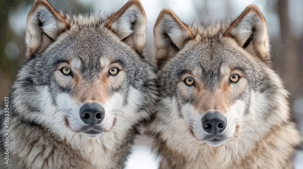 Two gray wolves standing next to each other in the snow Two gray wolves standing next to each other in the snow