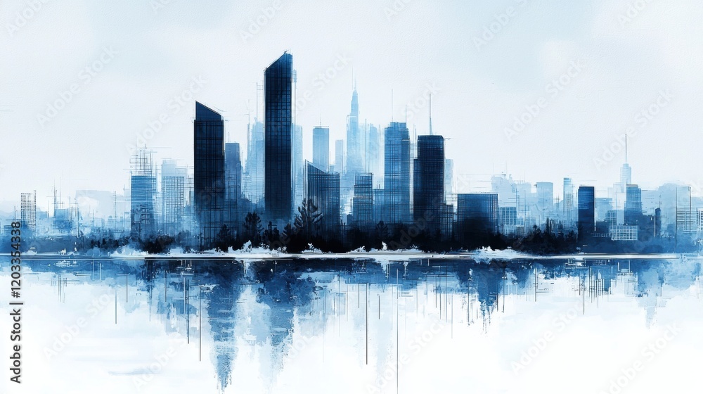Fototapeta premium City skyline with blue sky and watercolor paint effects showcasing urban landscape and artistic interpretation