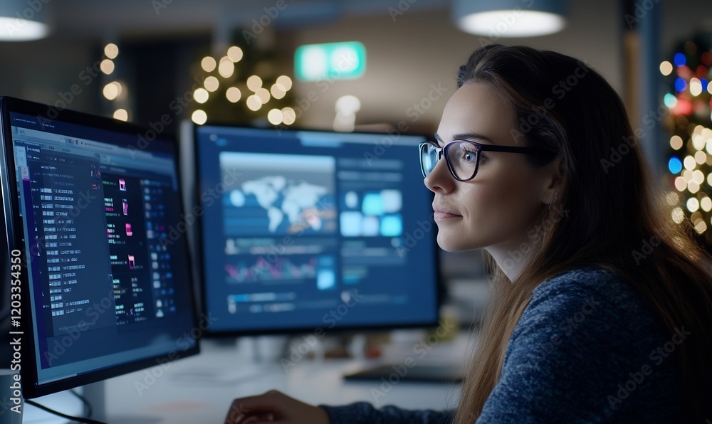 Woman analyzes data on computer screens in office at night Woman analyzes data on computer screens in office at night