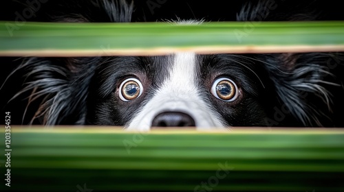 A black and white dog peeking over a fence