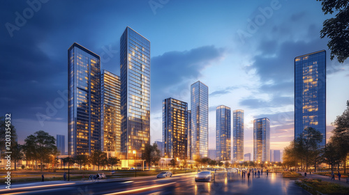 City Skyline at Blue Hour with Modern High-Rise Buildings