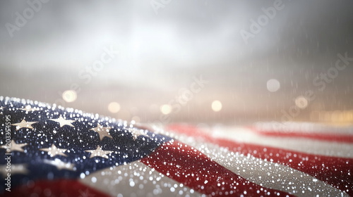 Rain-soaked American flag with sparkling lights photo