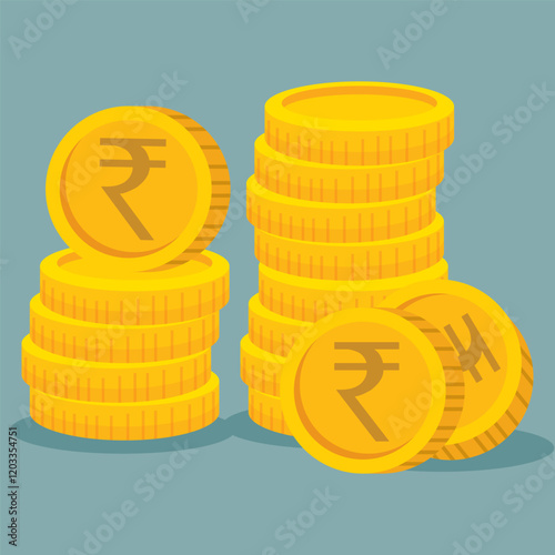 Rupee. 3D isometric Physical coins. Currency. Golden coins with Rupee symbol isolated on white background. Vector illustration. INR