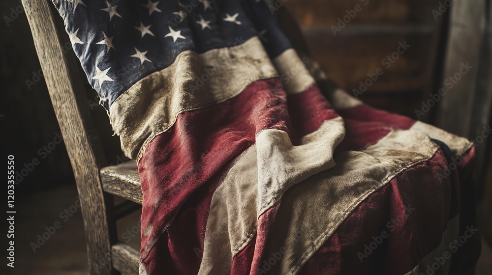Fototapeta premium Worn American flag draped over rustic wooden chair