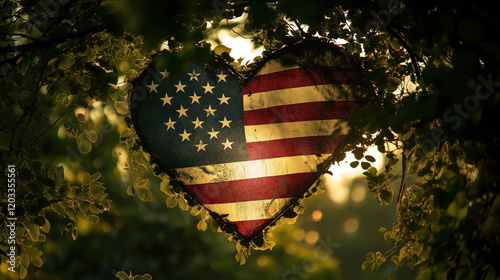 Heart-shaped American flag in a natural setting photo